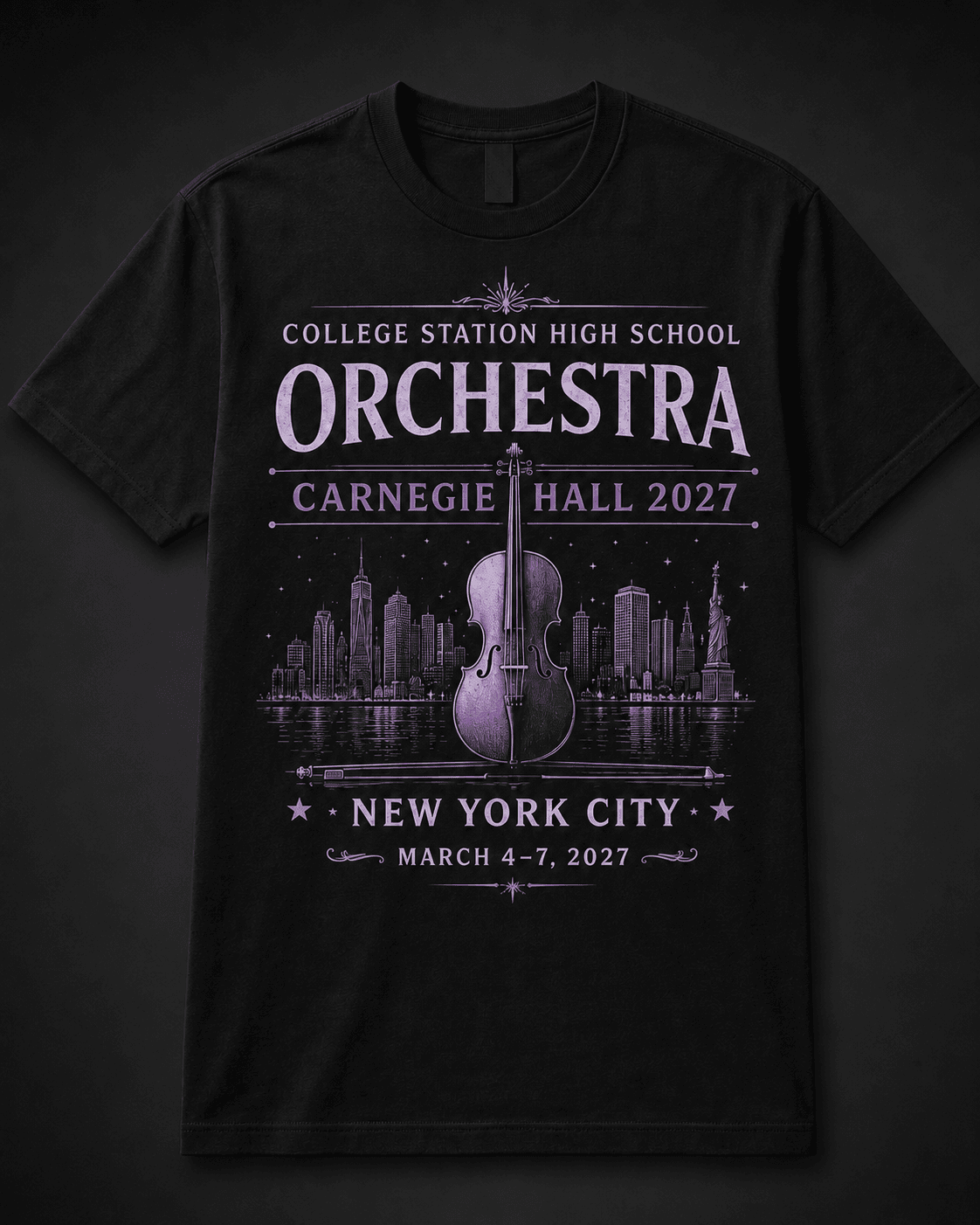 Front of the 2027 College Station High School Orchestra Carnegie Hall trip T-shirt.